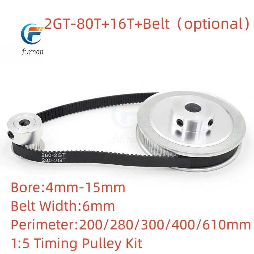 

GT2 2M Voron 2GT Timing Belt Pulley Set 3D Printer 16T 80Teeth Reduction Accessories Belt Width 6mm Bore4-15mm Synchronous Gear