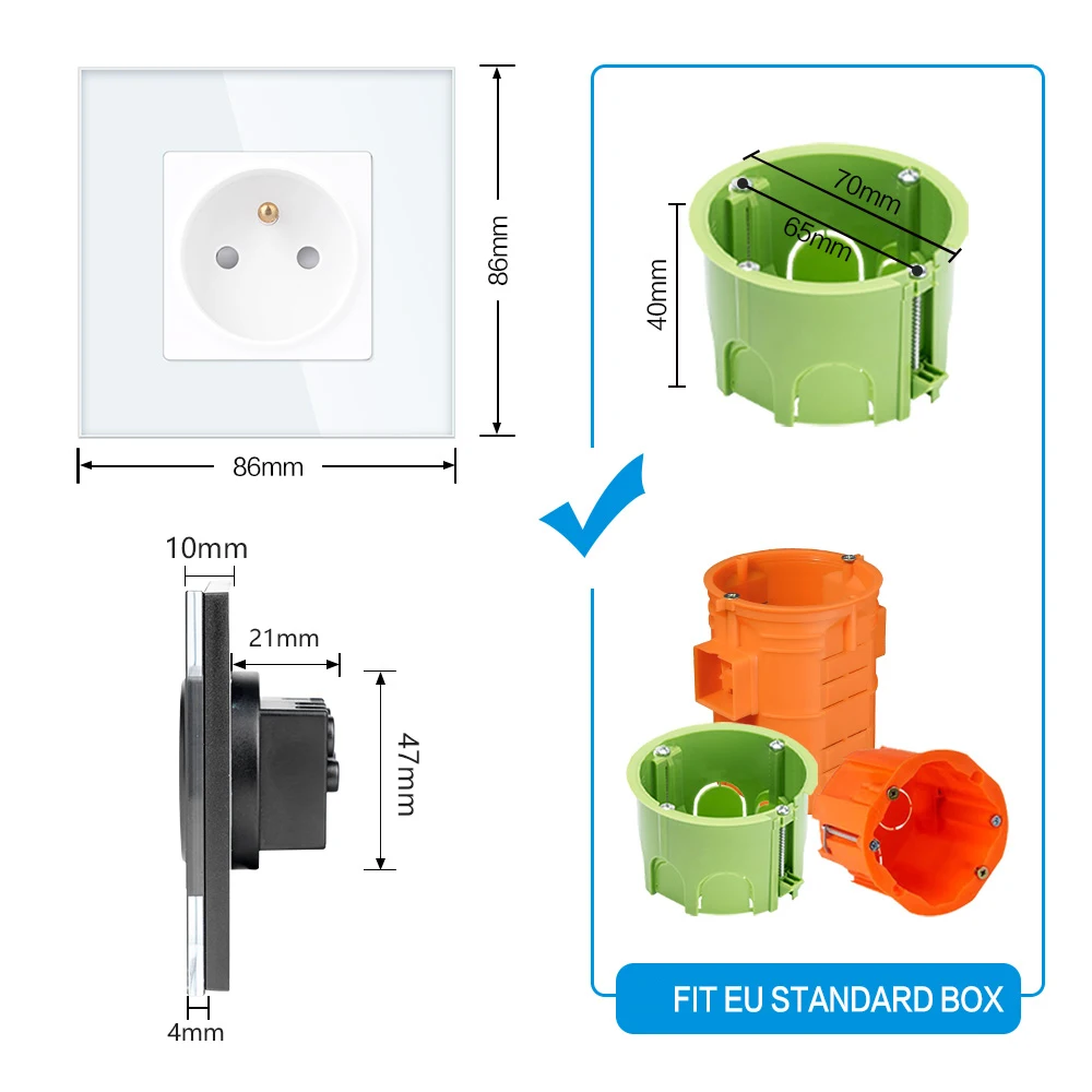 TAWOIA Wall Power Socket France Poland Standard 16A 86mm*86mm Crystal Glass Panel Plug Electrical Outlet For Home Improvement