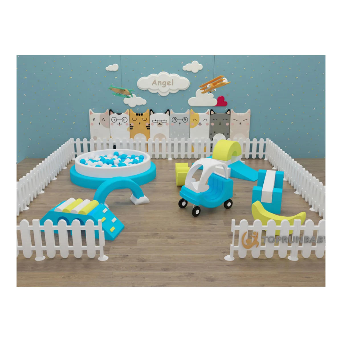 Hot Selling foam play set green blue white soft play equipment commercial with foam climbin car rocker ball pool party equipment