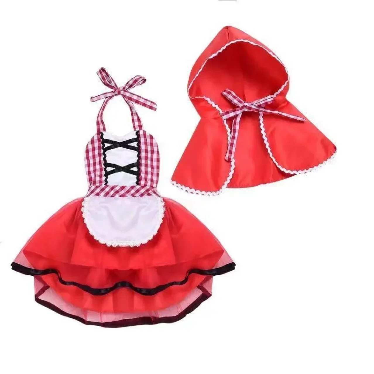 Mädchen Märchenkostüm mit Kapuze, rotem Umhang, Netz-Tutu-Kleid, weißer Schürze, Kinder-Halloween-Karnevalskostüm – Detail 2
