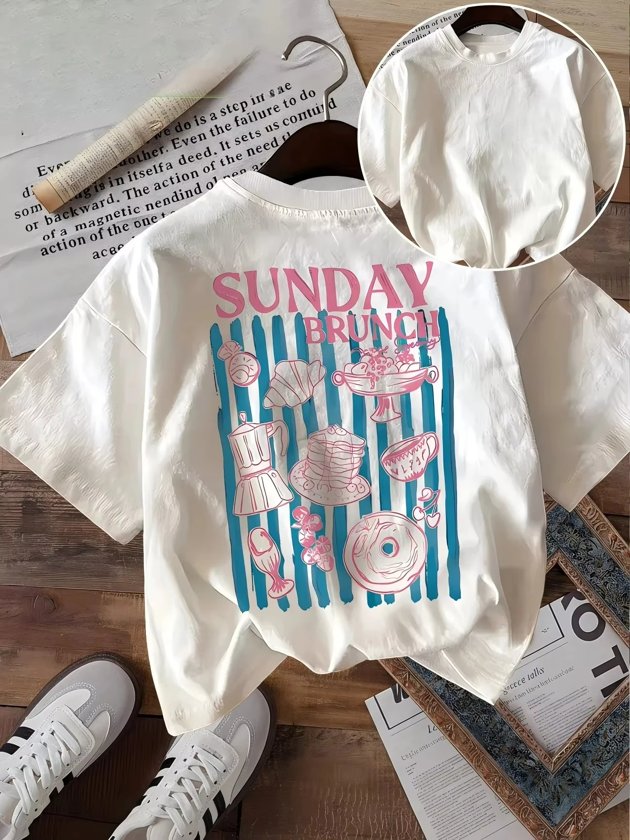 Vintage Sunday Brunch Graphic T-Shirt Cute Breakfast Print Tee Short Sleeve Fashion Loose Women's Top Weekend Vacation Shirt