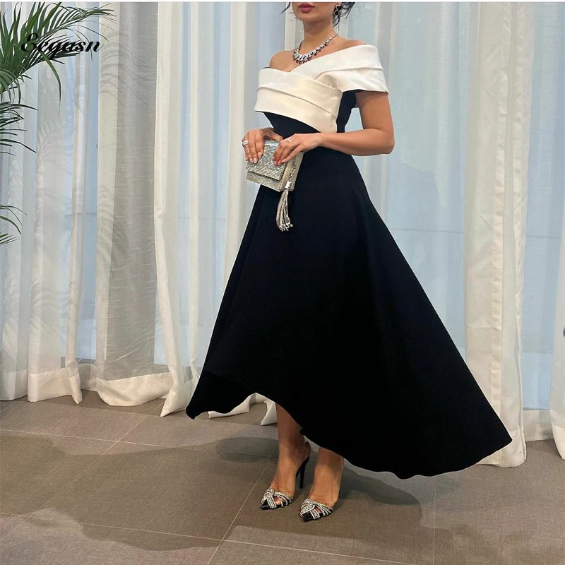 

Elegent High Low Evening Gowns Off The Shoulder Black and White Satin Prom Dresses Formal Party Dress Robe De Soiree Women