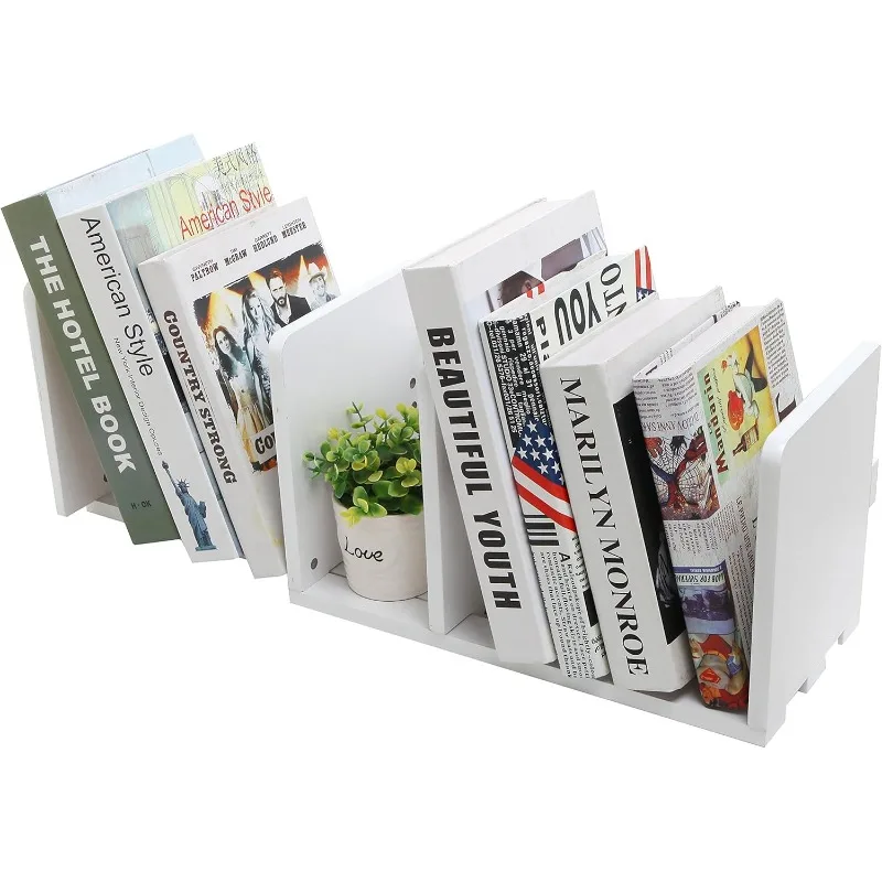 

White Wood Desktop Bookshelf Organizer, Expandable Adjustable Display Shelf Book Rack