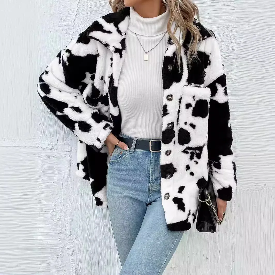 Women's Cow Print Double-sided Cashmere Coat Autumn Winter Loose Coats With Pockets Single Breasted Lapel Collar Plush Jacket