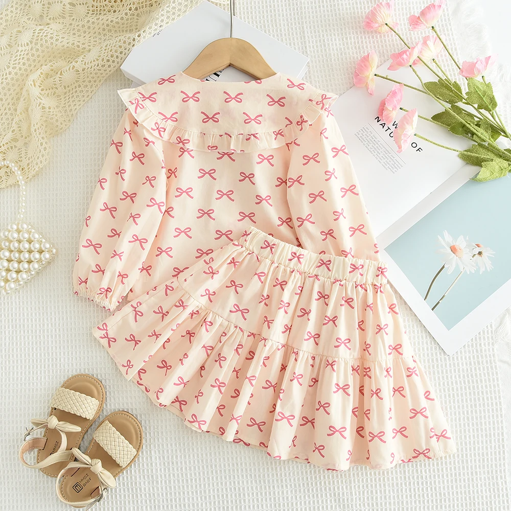 Pink Bow Print Set for Autumn Single Breasted Doll Neck Top+wide Leg Pants for Girls Pink Clothing Spring Kids Clothes