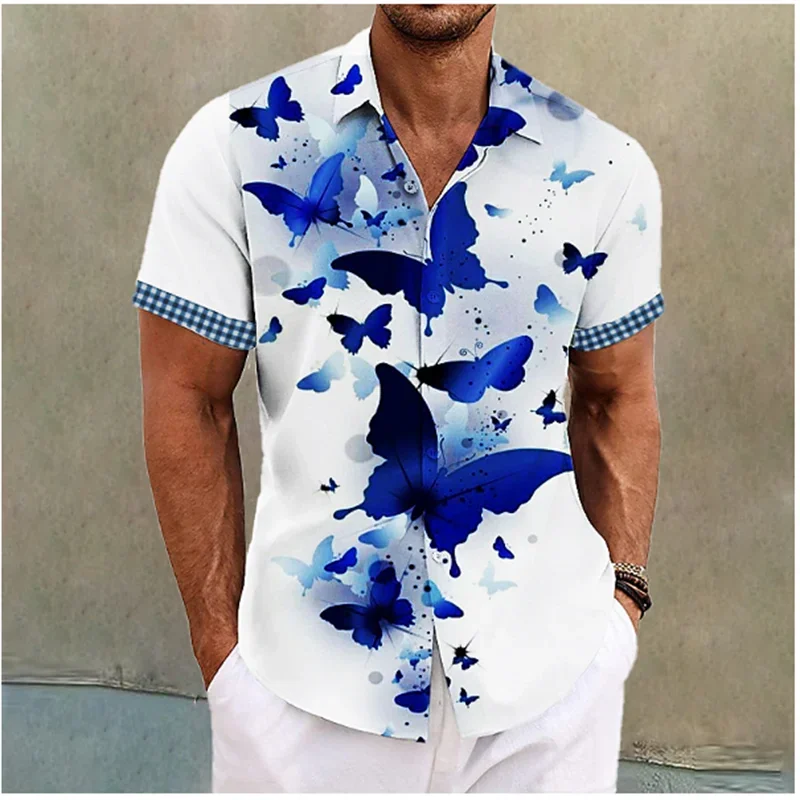 Summer Hawaiian Men's Shirt Butterfly Pattern Printed Feather Cuffed Shirt Outdoor Street Short Sleeve Clothing Fashion Designer