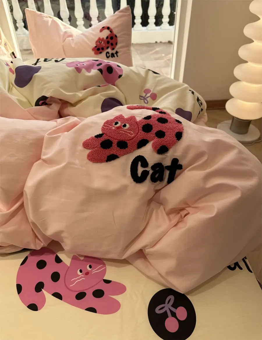 

Fashion cute embroidery cat polka dot bedding set,twin full queen kawaii cotton home textile bed sheet pillow case quilt cover