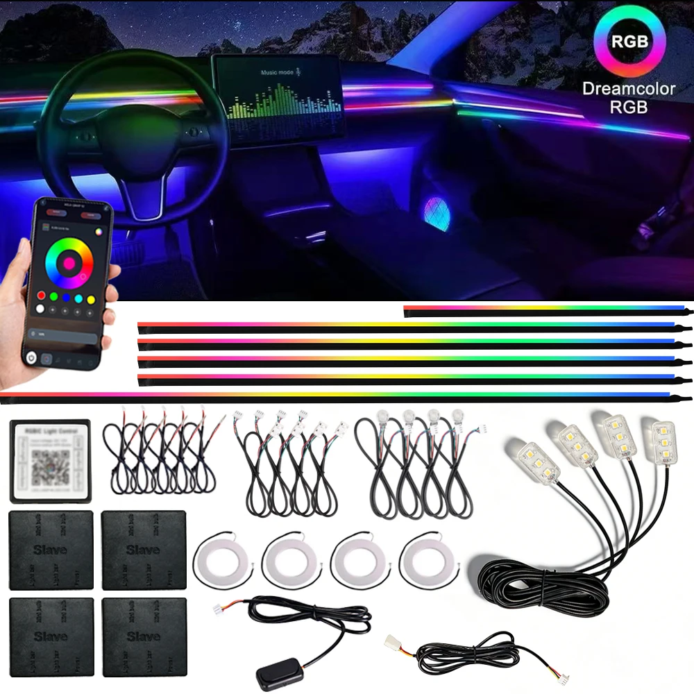 

Car Ambient Decorative Light Kit Symphony RGB Atmosphere Lamp Universal APP Music Control Acrylic Guide Strip 6/10/14/18/22 in 1