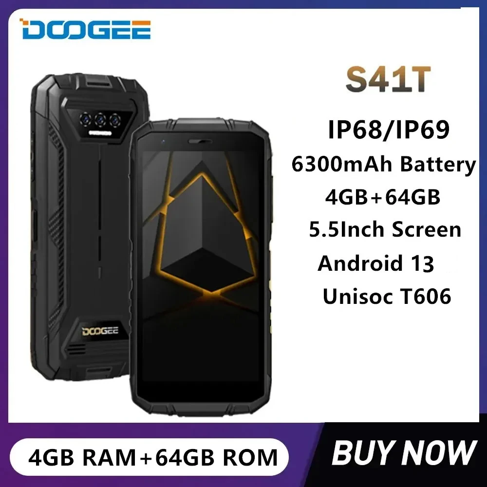 DOOGEE S41T wytrzymałe 4G smartfony 5.5 Cal HD + ekran Octa Core 4GB + 64GB Android 13 telefon komórkowy 13MP aparat 6300mAh bateria NFC