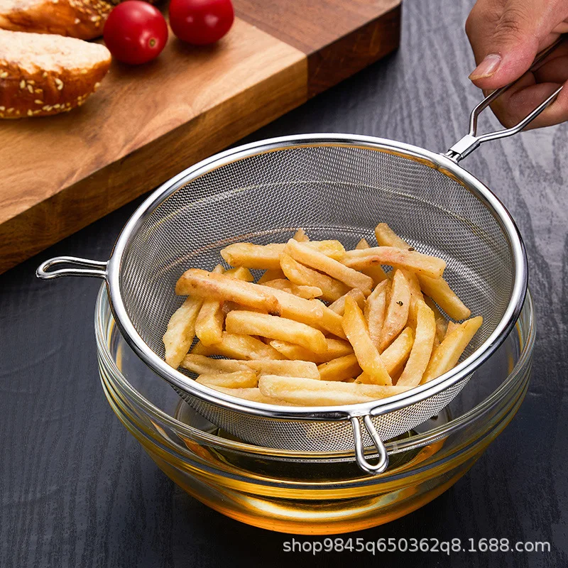 Baked stainless steel flour filter screen soybean milk filter screen cooking spoon, double ear screen, snack, French fries,