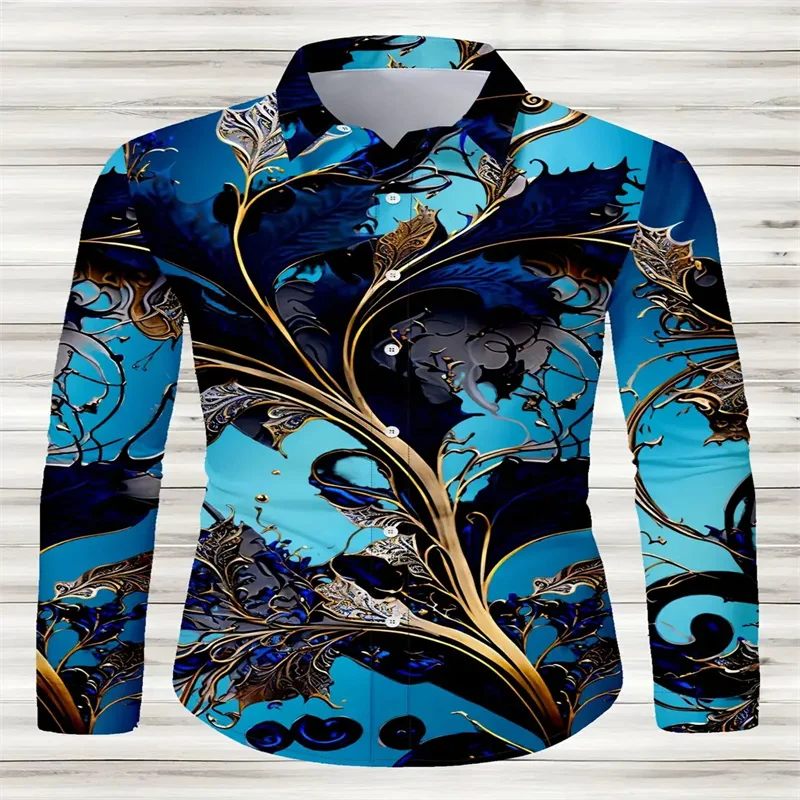 European and American men's personalized casual long sleeved shirt - trendy ink print - single breasted lapel for spr