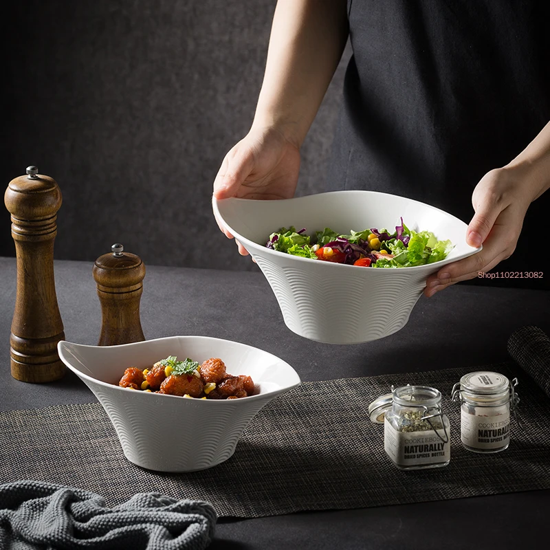 Special-shaped La Pasta Soup Japanese Ceramic Tableware Household Rice White Pickled Cabbage Fish Large Basin Bowl