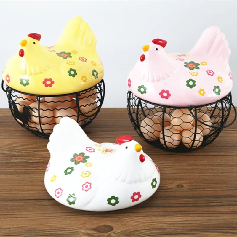 

European Metal Hollow Storage Basket Jewelry Cosmetics Box Ceramic Hen Fruit Kitchen Bread Potato Garlic Container