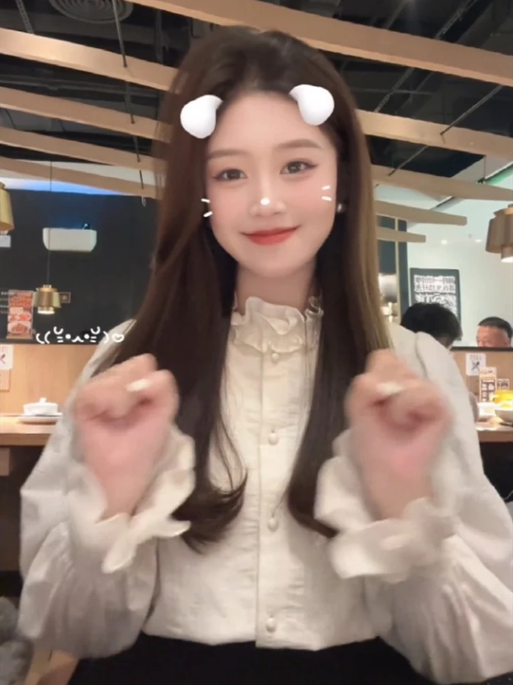 

White Ruffle Collar Shirt Women's Autumn Winter New Style Early Spring Court Top Layered Wear Base Shirt French Style Loose Fit