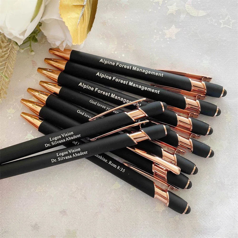 Personalized Engraved Business Pens Rose Gold Trim, 14 Colors Customized Text Ballpoint Pens with Stylus, Wedding Party Graduati