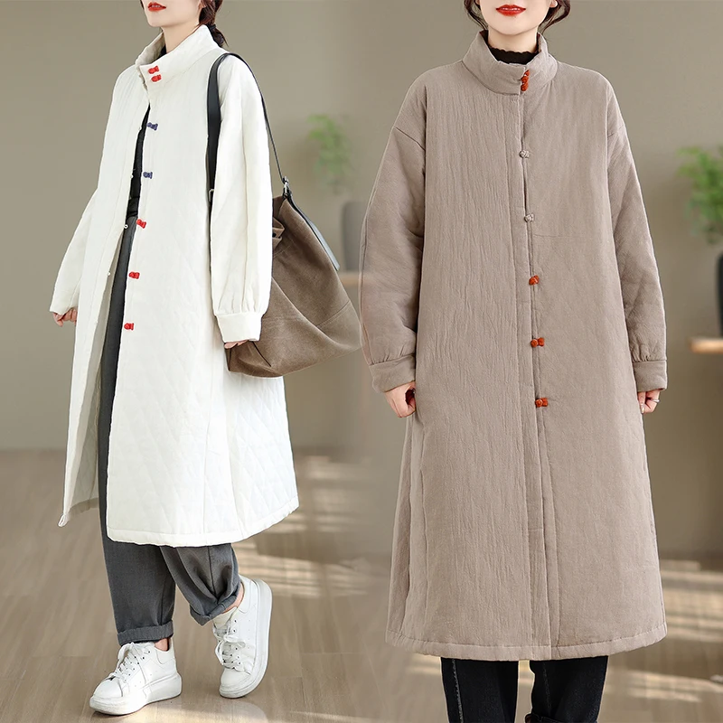 

Новая женская длинная хлопковая куртка в китайском стиле, свободного кроя, теплая, из двойного хлопка и льна, винтажный дизайн с пуговицами