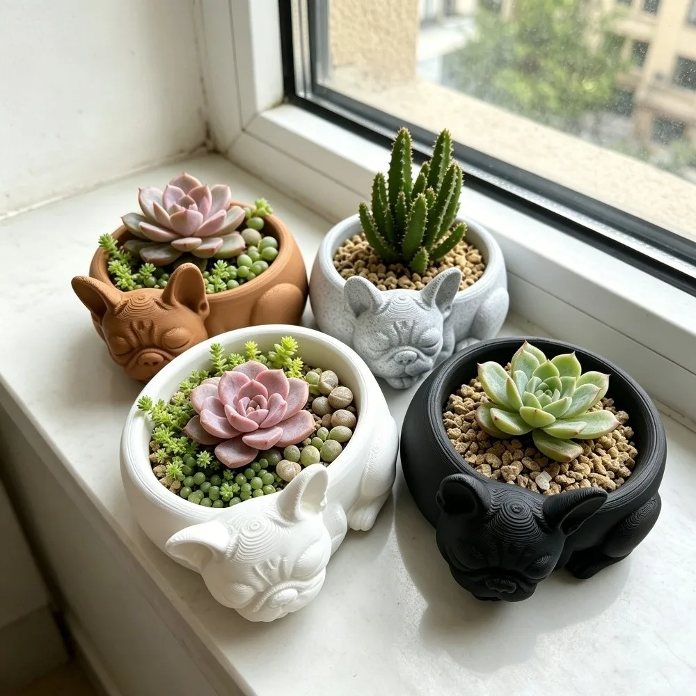 3D Printed Succulent Flower Pot Ornaments Funny Dog Shaped Flowerpot Desktop Decor Creative Bulldog Plant Pot Lawn