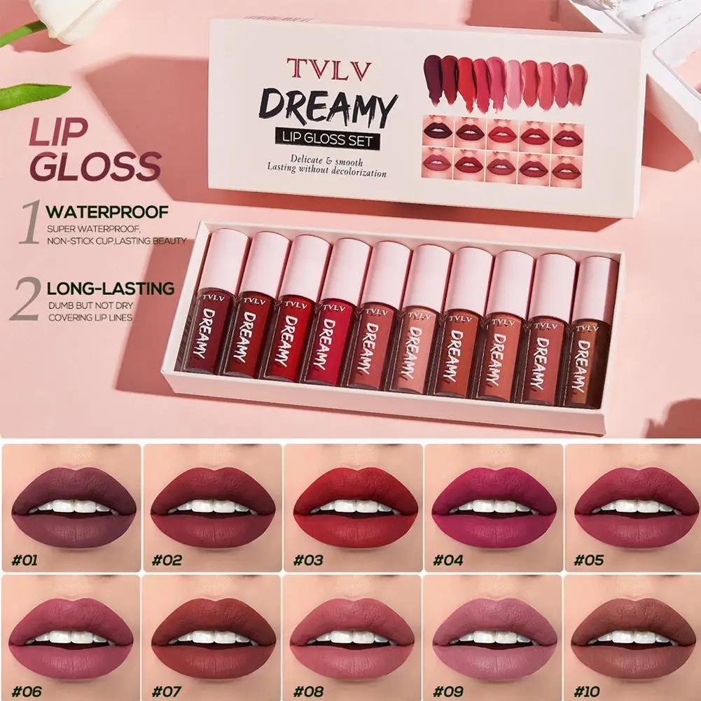 Matte Wasserfeste Lippenglasur Leichtgewichtig Zart Glatt Langanhaltend Ohne Ausbleichen Lippenstift 10 Stück TVLV DREAMY Lipgloss-Set