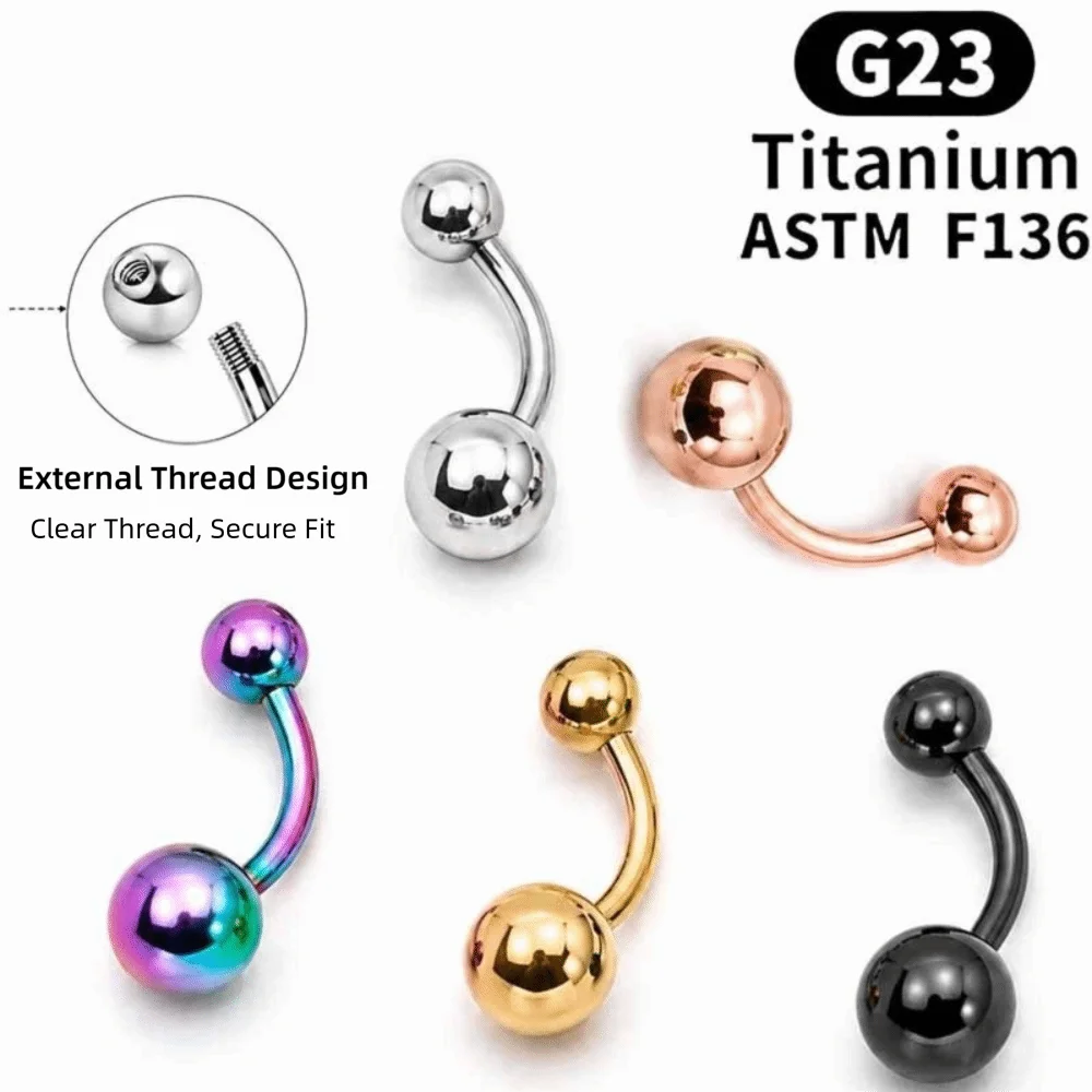 Titanium Alloy Navel Ring G23 Basic Style Double-Headed Round Ball Navel Piercing Jewelry External Thread Curved Rod Navel Stud