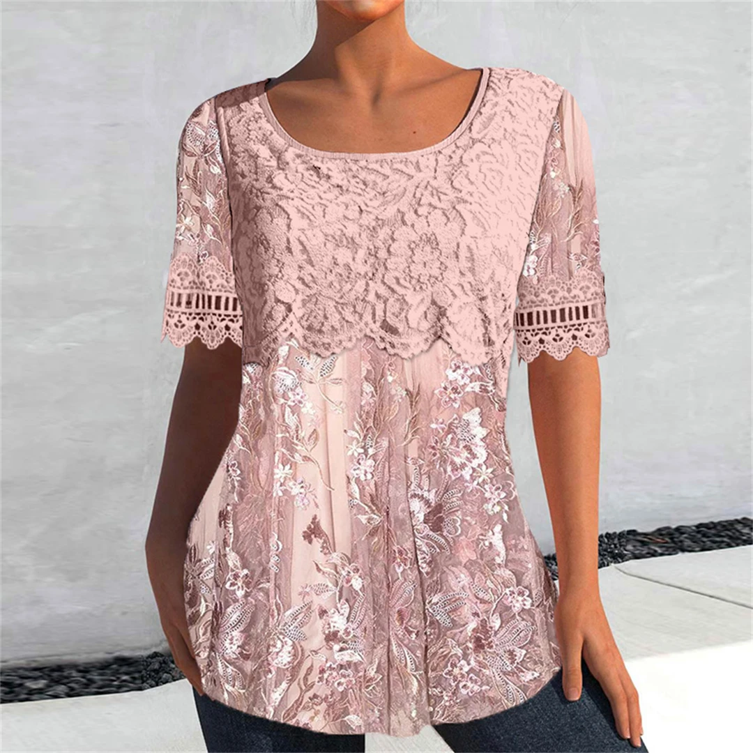 Plus Size Damen Kurzarm Rundhals Spitze Nähte Blumenmuster Print Top