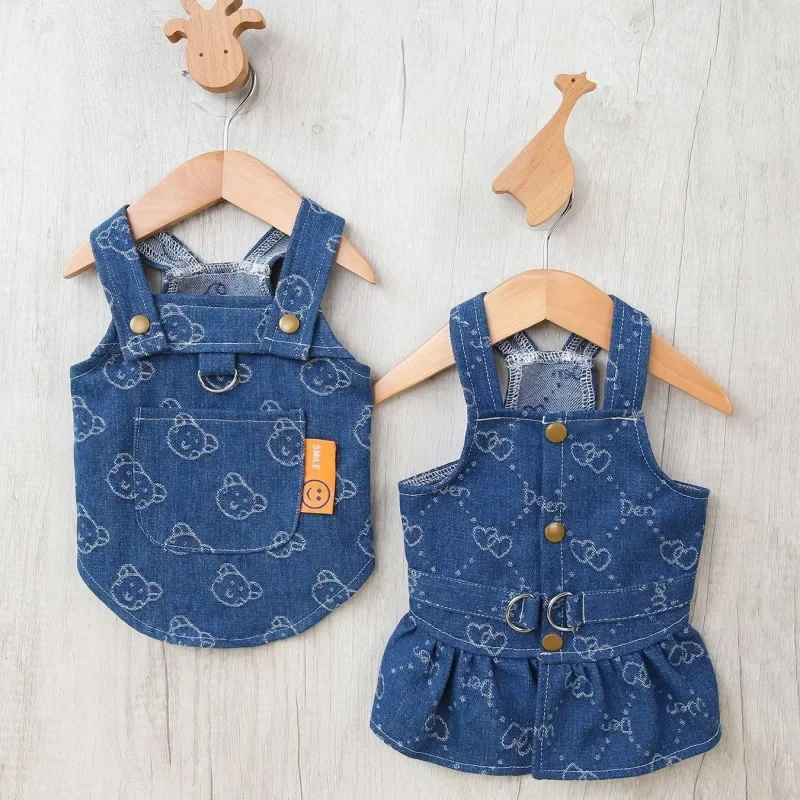 

Denim Dog Dresses for Small Dogs Puppy Girl Clothes with Leash Ring and Cute Pattern Summer Cat Apparel with D-Ring Navy Blue
