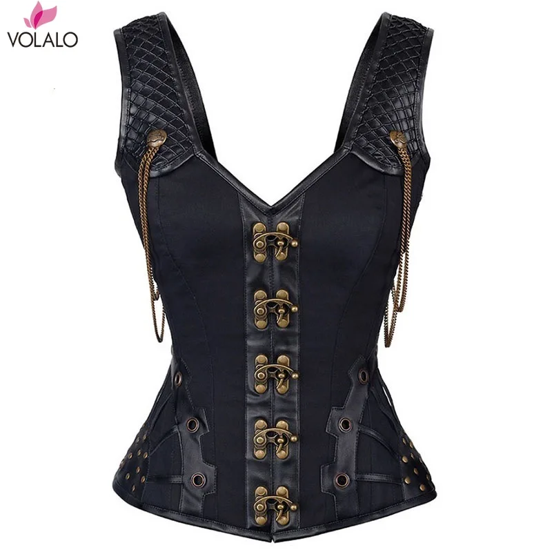 VOLALO Waist Trainer Corsets Leather Steampunk Corselet Gothic Clothing Waist Trainer Lingerie Slimming Party Corsets Bustiers