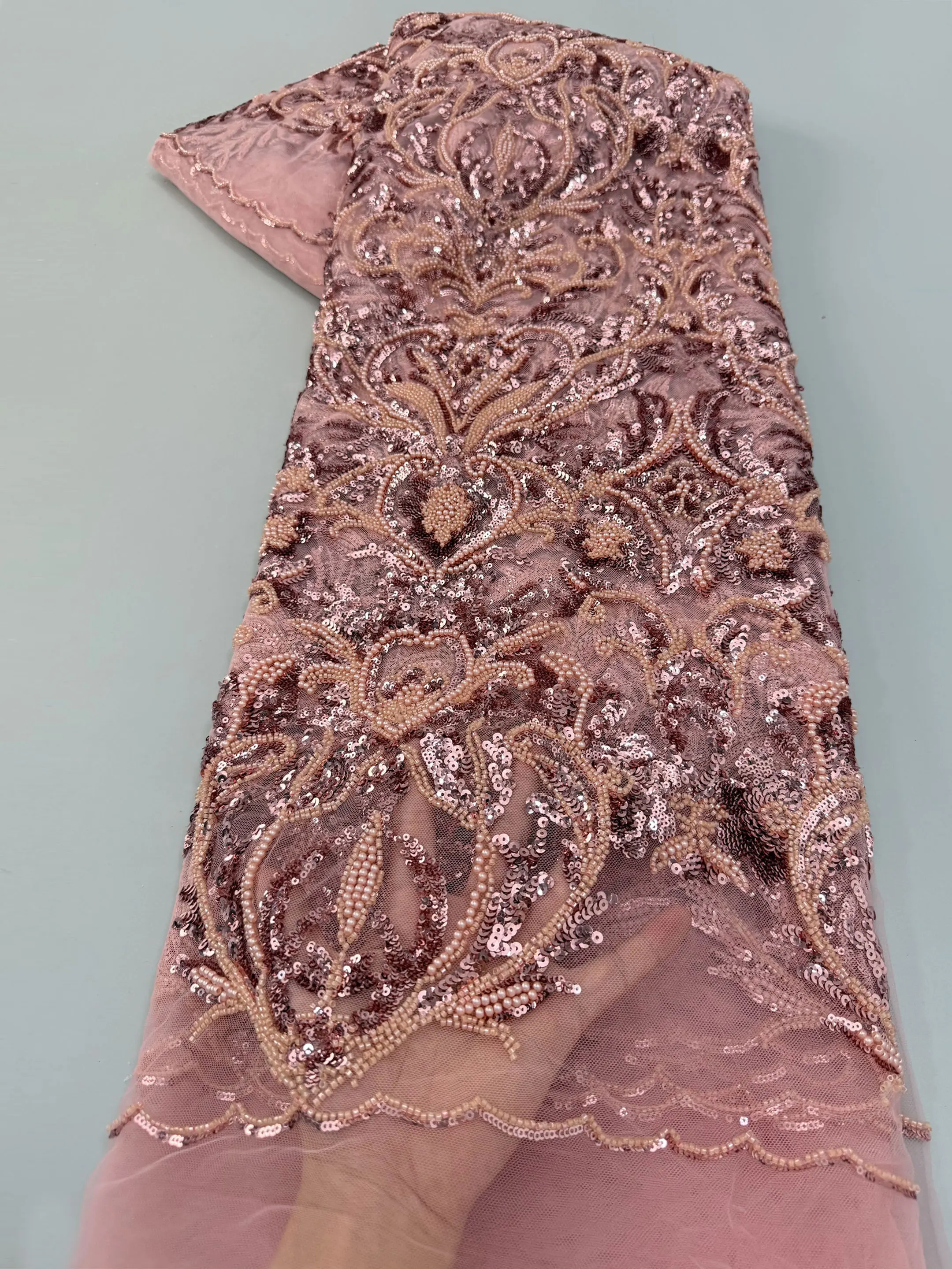 

Luxury African Lace Fabric 2026 High Quality Sequins Beads Lace Fabrics For Nigerian Wedding French Tulle Lace Fabric