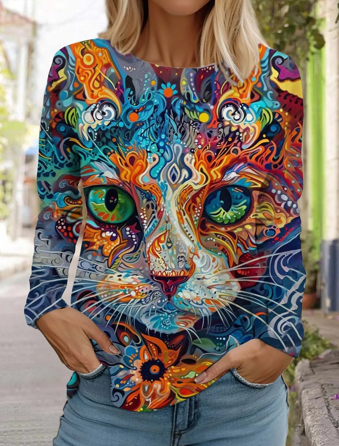 

Art Cute Cat Women's Long Sleeves T-Shirt 3D Print Clothing Autumn Fashion Animal Clothing Holiday Gift Clothing Party T-Shirt