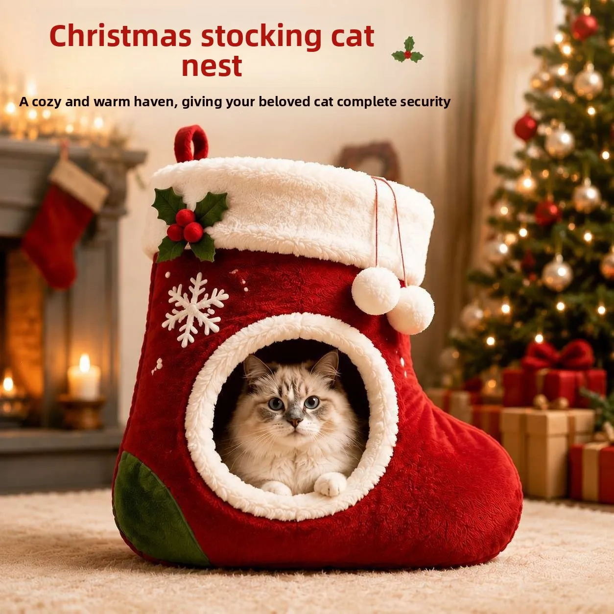 Christmas Stocking Shape Cat Bed Hanging Festive Pet Nest Safe Cozy Cat Cave Christmas Home Decor Warm Semi-enclosed Kitten