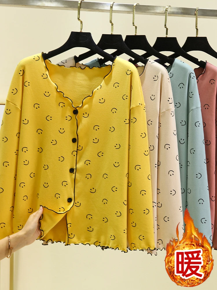 

Thiened Fce Pajama Top Winter Casual Home Clothes Face Design V-ne Long Sve Loose Fit Women's Spwear