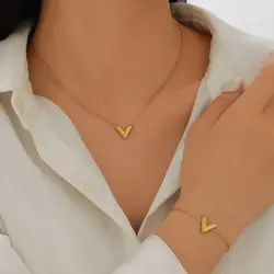 1 Piece Fashion Jewelry V Letter Pendant Necklace Earring Bracelet Set Stainless Steel Women's Necklace Luxury Jewelry For Women