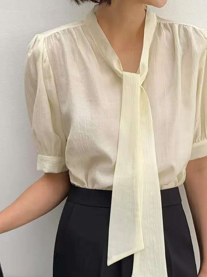 

Ele Summer Women's irt Loose Bubble Sve Netie Design Versatile Casual Faion Korean Sle ort Sve Blouse