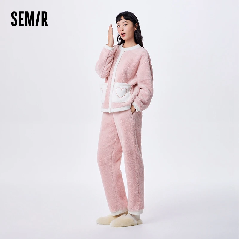 Semir Pajamas Women Double-sided Comfortable Velvet Warm Sweet Loose Long-sleeved Trousers Two-piece Set