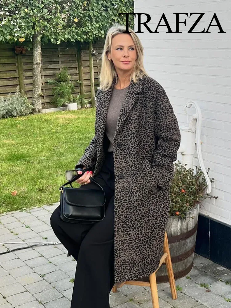 TRAFZA donna elegante stampa leopardata maniche lunghe cappotto allentato donna autunno bavero tasca monopetto Design Casual cappotto sottile