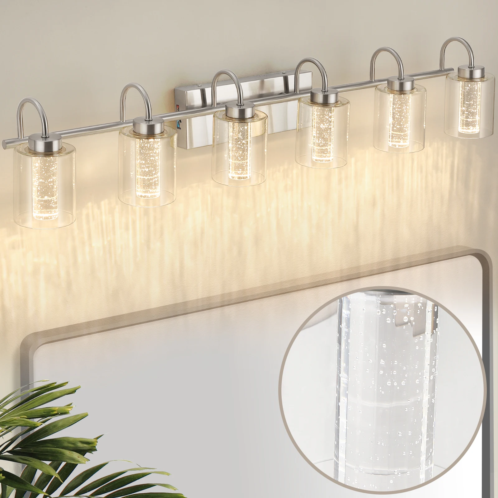 Brushed Nickel Bathroom Vanity Light Over Mirror with Crystal Bubble and Clear Glass Dimmable 3 Color Temperatures Light Fixture