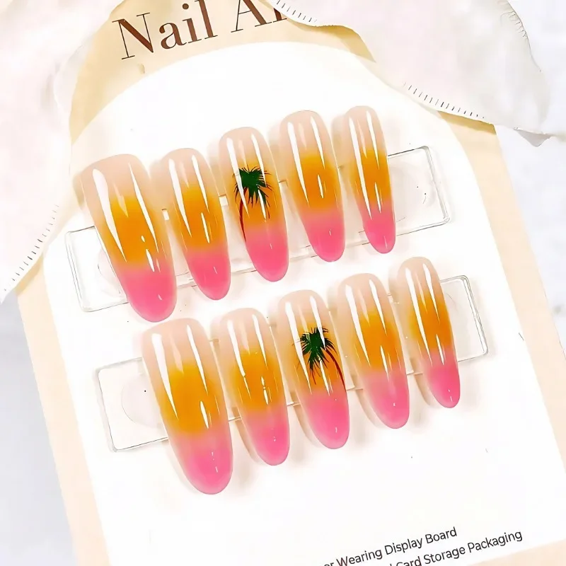 10Pcs Island-Inspired Press-On Nails Featuring Coconut Trees and Hawaiian Designs Soft Blush Accents for Women&Girls Summer Look