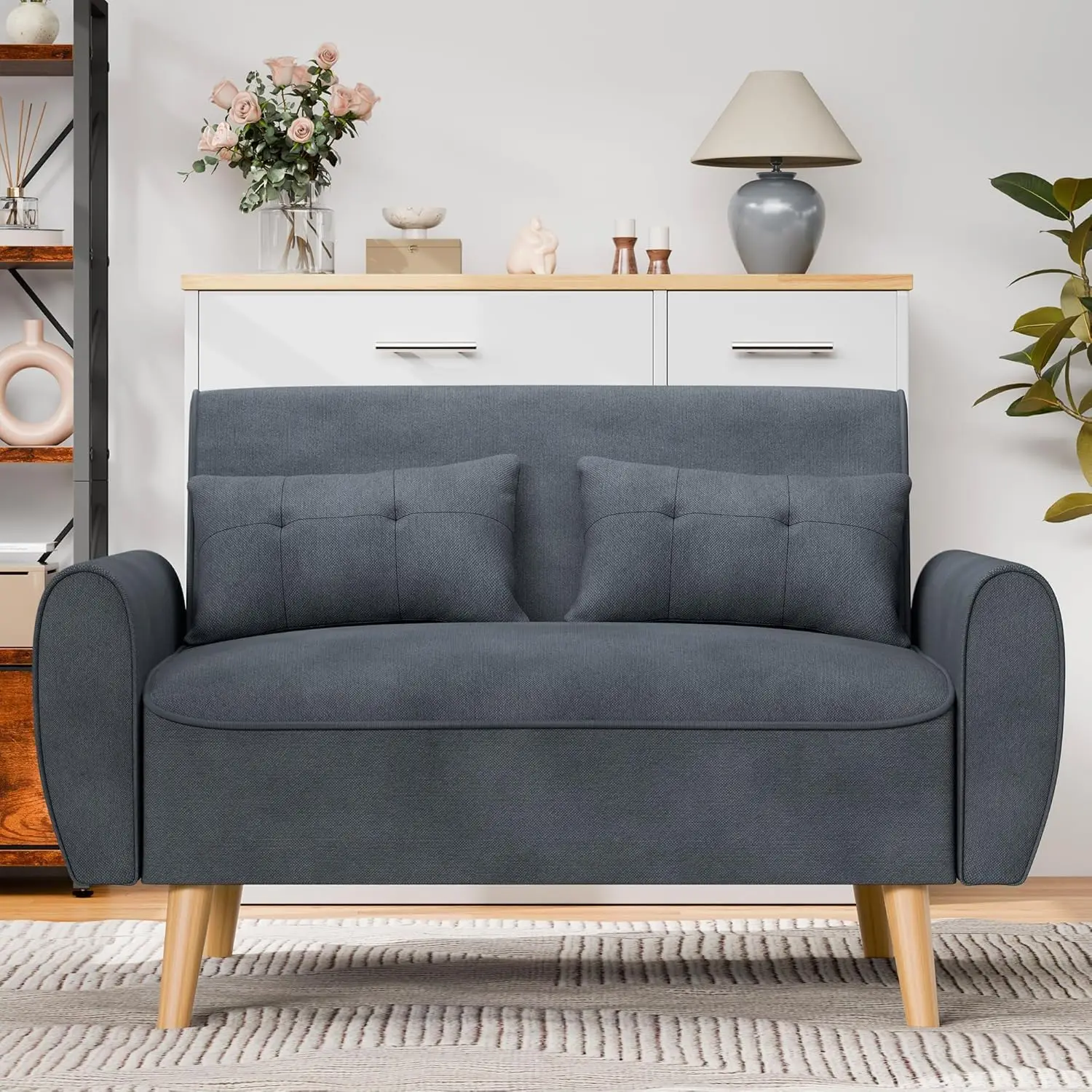 

47" Modern Linen Loveseat Sofa with 2 Pillows - Dark Grey | Compact, Stylish & Comfortable for Apartments,Studios & Small Spaces