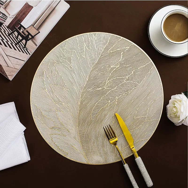 

1Pc 38x38cm Round Feather Pattern Hollow Dining Heat Insulation PVC Table Mat Coffee Cup Dish Coaster Placemat