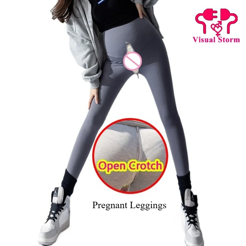 

Woman Pregnant Yoga Pants Open Crotch Elastic Waist Hidden Zipper Panties Sexy Crotchless Leggings Easy Take Off Toilet Lingerie