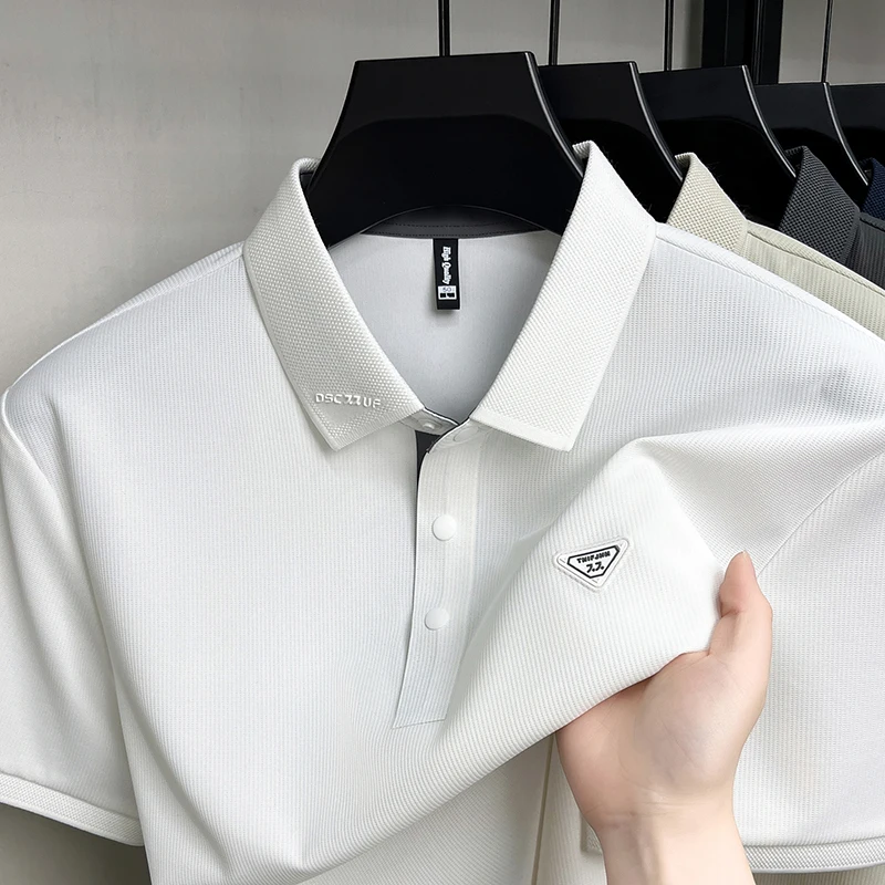 Luxury brand triangle embossed short sleeve polo shirt men new fashion luxury ice silk summer breathable business casual T-shirt