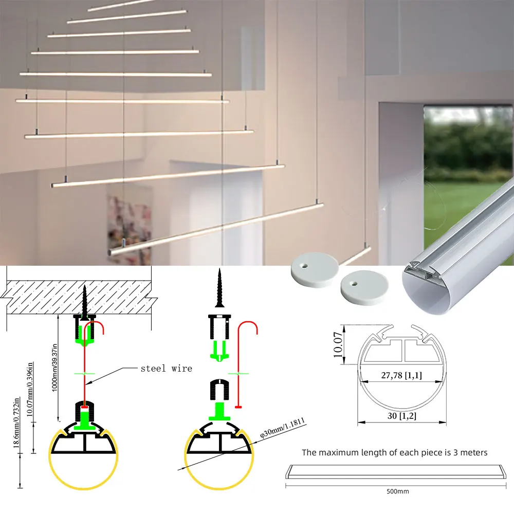 (1 szt.) 0.5m okrągły profil aluminiowy led o średnicy 30mm z matowym pokryciem na wiszące oświetlenie led w kuchni pomieszczenie biurowe pokoju