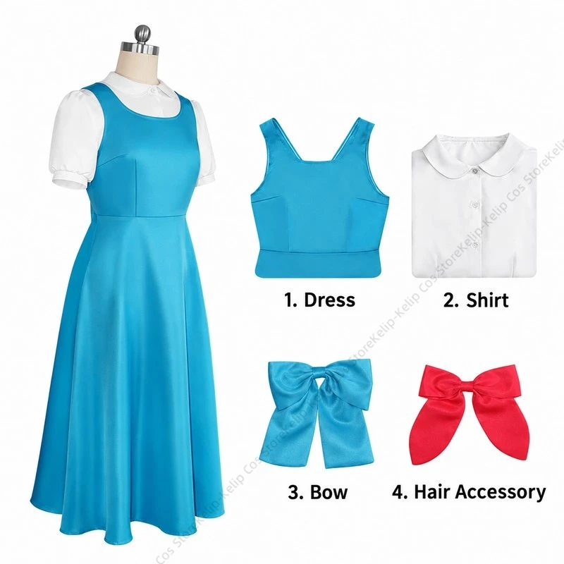 Ranma 1/2 Akane Tendo Cosplay Costume Blue Dress White Blouse Bow Hair Accessory Anime Halloween Carnival Comic Con Outfit - view 6