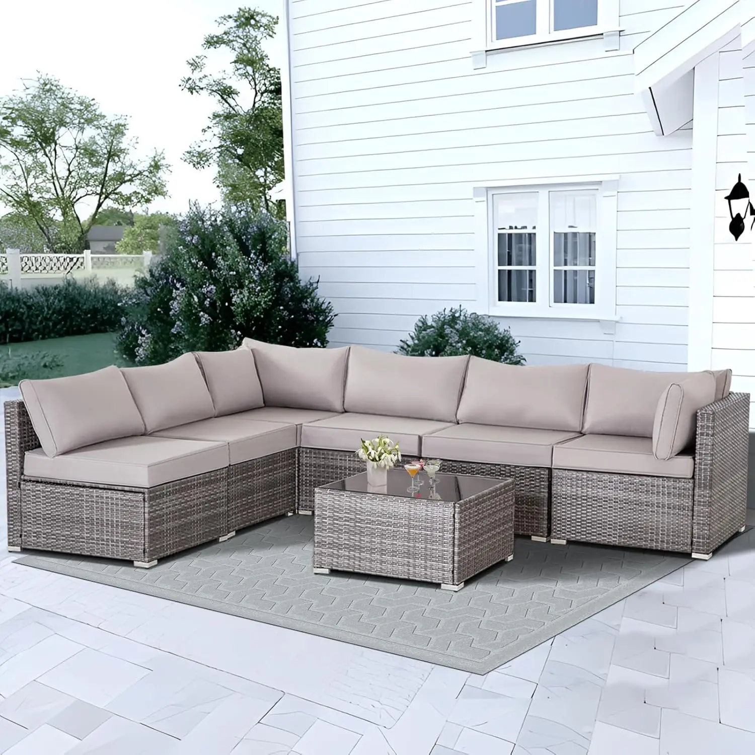 

7PCS Outdoor Furniture Set, PE Rattan Wicker Sectional Sofa Set with Padded Cushion, All Weather Patio Conversation Set