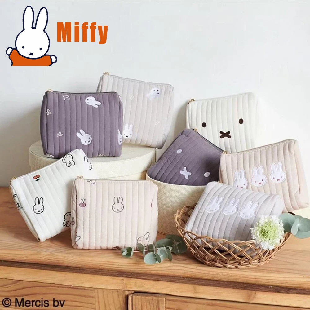 Kawaii Miffy Quilted Cosmetic Pouch Cute Rabbit Embroidered Small Handbag Soft Vertical Stripe Travel Storage Bag Girl Gift