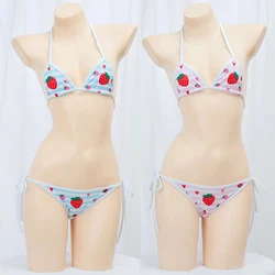 Cute Bikini Swimwear Women 2025 Strawberry Print Girl Lace Up Bathing Suit Low Waist Mini Bikinis Sets Beach Swimsuit