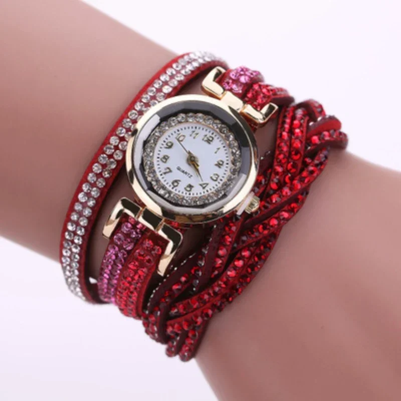 Reloj de cuero con correa larga para mujer, relojes de cuarzo con diamantes de imitación, pulsera informal, regalo femenino