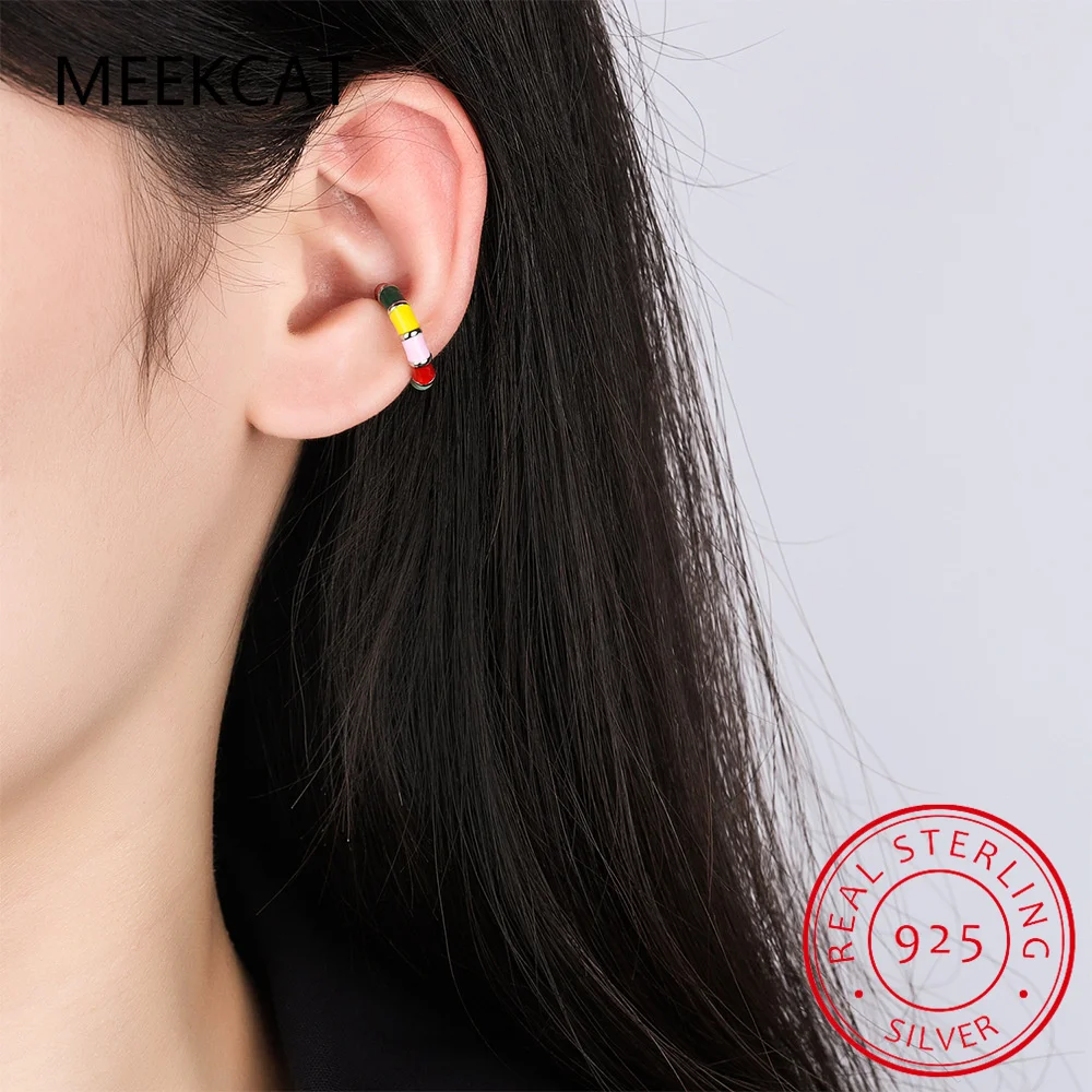 Boucle d'oreille clip en argent regardé 925 pour femme, émail coloré, arc-en-ciel, manchette d'oreille bonbon, bijoux sans piercing, fille, DA457