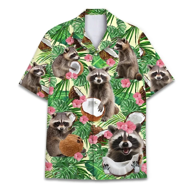 

3D Print Animal Cat Raccoon Hawaiian Shirts For Men Short Sleeves Oversized Button Lapel Aloha Shirt Clothing Mens Blouse Tees