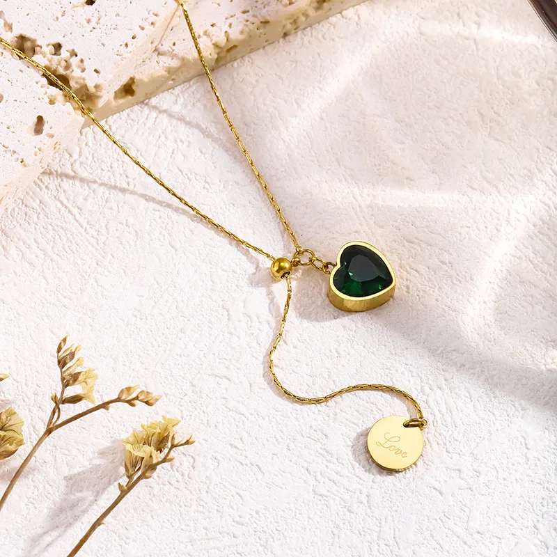 Adjustable Y Lariat Necklace, Emerald Green Heart Crystal Pendant Necklace with Engraved Love Tag, Gold Stainless Steel Slide Chain Jewelry for Women