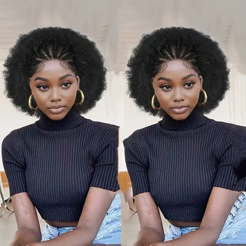 Wig rambut manusia kepang Cornrow Puff Afro UNTUK WANITA HITAM 13x4 HD Wig rambut manusia Brasil renda depan dengan rambut bayi sebelum dipetik